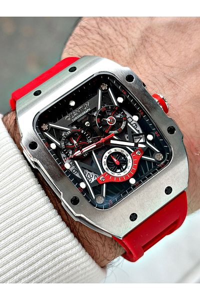 Quantum Function Red Color Silicone Cord Steel Case Men's Wrist Watch 1080.058