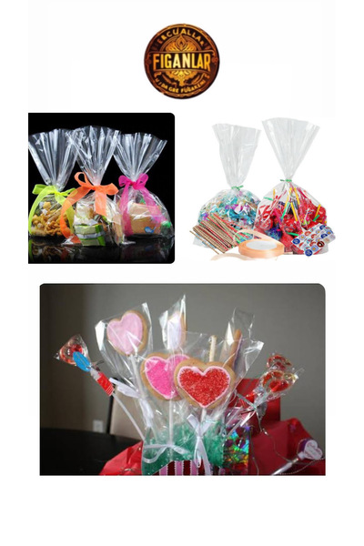figanlar ambalaj 13x20cm 25 Adet hijyenik Parlak Bantsız Şeffaf Jelatin - Kurabiye Aksesuar Poşeti