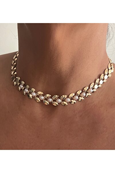 tones official Modern İncili Pirinç Choker/ Tasma Kolye