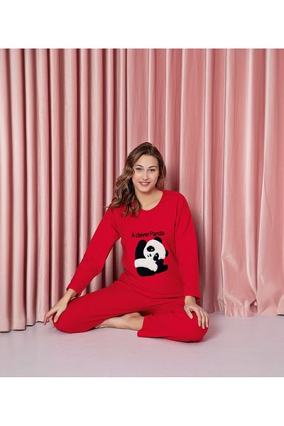 CALİA Women's Crew Neck Panda Fleece Pajamas Set