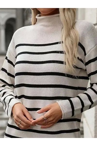 ZenWave Women's Long Sleeve Half Turtleneck Striped Mini Length Dress (WITHOUT BELT)