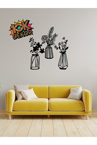 3-Piece Black Flower Vase Stylish Wall Decor - Modern Wall Decoration Product with Wooden Flowers