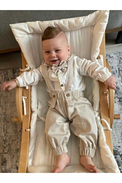 ykr design Paça Lastikli Bej Erkek Bebek Çocuk Salopet Gömlek Papyon Takım