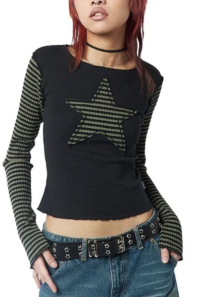 Köstebek Crop cu mânecă lungă Raglan negru kaki Star Gothic Y2k