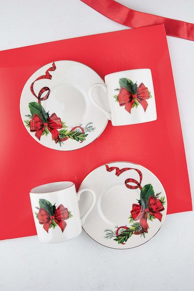 Bursa Porselen Dekor Red Bow Gold Gilded 2-Seater Tea/Duble Coffee Cup Set