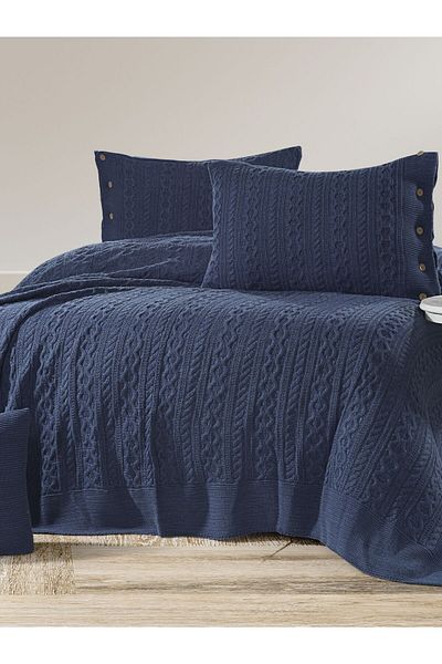 YGT Home Indigo Water 4 Piece Double Tirko Bedspread Set - Blanket 240 X 260