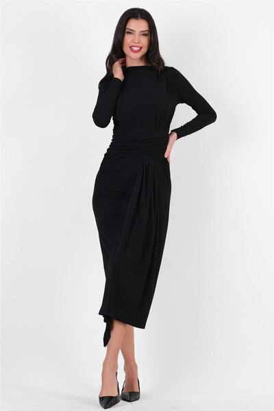 Spazio Cristiana Yakasız Beli Drapeli Uzun Abiye Elbise SİYAH