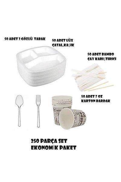 FİGANLAR 3 Compartment Thick Luxury Foam Plate - Plastic Fork and Spoon - Cardboard Cup Eco Set (Set of 50)