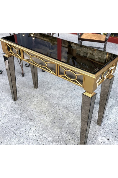 BENGİ TİCARET Dresuar 17961 Motifli Model Ayna Kaplama Parlak Gold Kayın Ayak Çekmec El Yapım