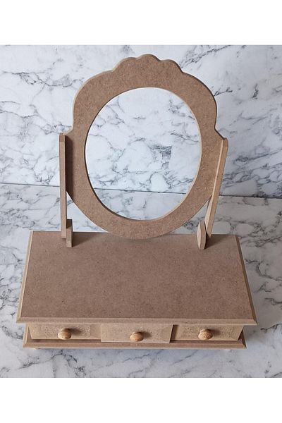 BENGİ TİCARET Hobby Adn 90205 - 3 Drawer Mirrored Wooden MDF Makeup Box, Handmade in Raw Box