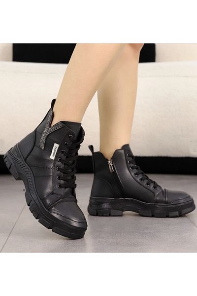 Afilli Women's Black Stone Platform Heel Thick Sole Comfortable Outdoor Casual Winter Sneaker Sports Boots Shoes