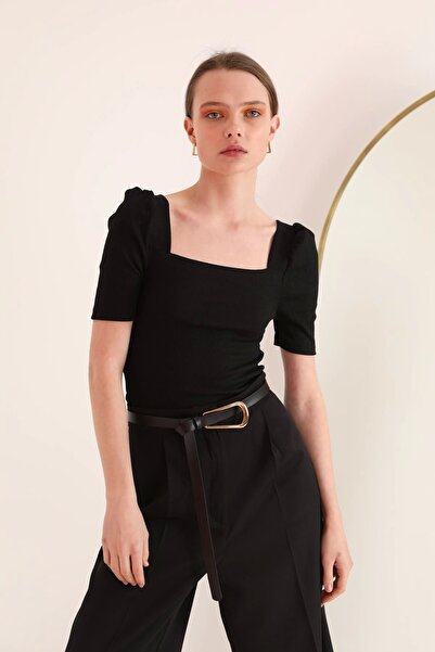 Genel Markalar Kaşkorse Kumaş Kare Yaka Karpuz Kol Kadın Bluz-siyah