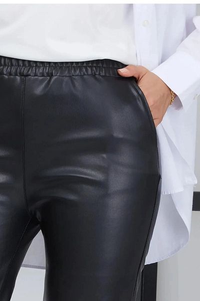 Swana Women's Leather Trousers with Ribbon Inside, Fleece and Elastic Waist Black
