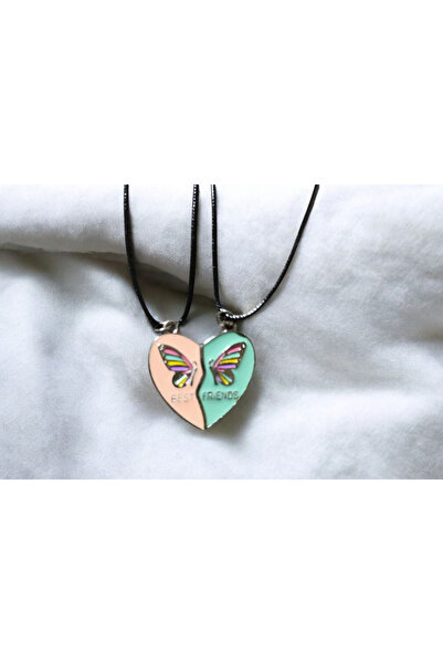 Asel Mıknatıslı 2li Kalpli Kelebek  Desenl iArkadaşlık,Sevgili Kolyesi Hediyelik