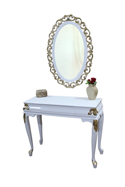 BENGİ TİCARET Dresuar 14603 Dik Bombe Kayın Aslan Ayak Oyma Varak Parlak Beyaz Nakış Oval Ayna