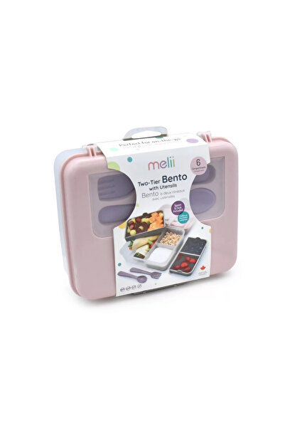 Melii Cutie Pranz Bento, 2 Nivele, Caserola Cu Tacamuri, Roz Mov Gri