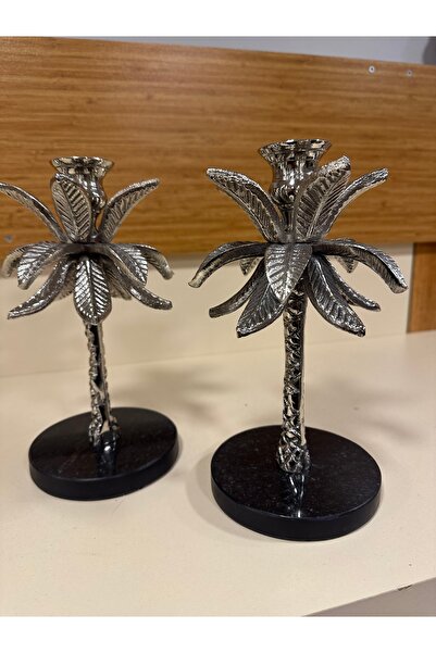 PLUS HOME DEKORATİF 2'Lİ DÖKÜM PİRİNÇ MUMLUK GÜMÜŞ 24 CM