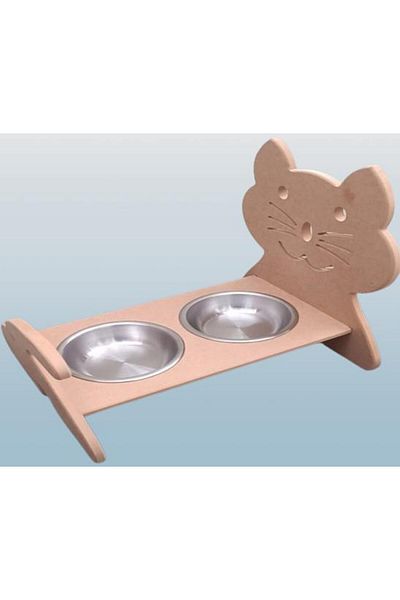 BENGİ TİCARET Hobby Erc 90369 - Cat Food and Water Bowl Set, Raw Stainless MDF Plate Handmade