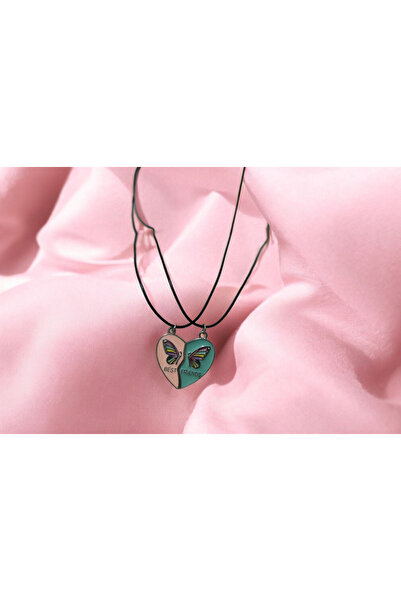 Asel Mıknatıslı 2li Kalpli Kelebek  Desenl iArkadaşlık,Sevgili Kolyesi Hediyelik