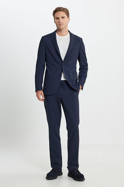 ALTINYILDIZ CLASSICS Men's Navy Blue Slim Fit Slim Fit Mono Collar Waist Tie Striped Bag Pocket Suit