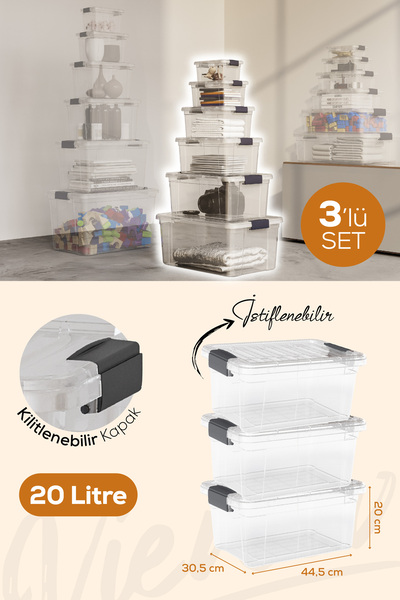 Vienev 3'lü 20 Litre Kilitli Kapaklı Saklama ve Erzak Kutusu 33115