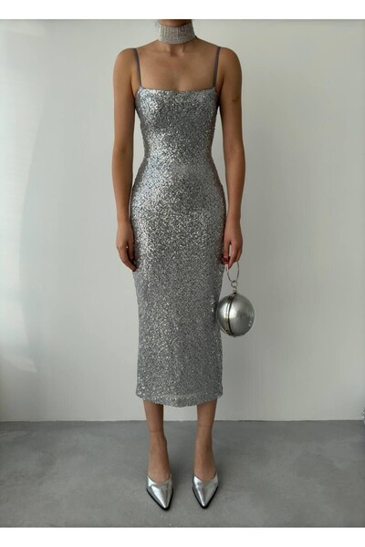 Julidress Gray Silver Sequin Sequined Strap Lined Midi Length Evening Dress Christmas Dress