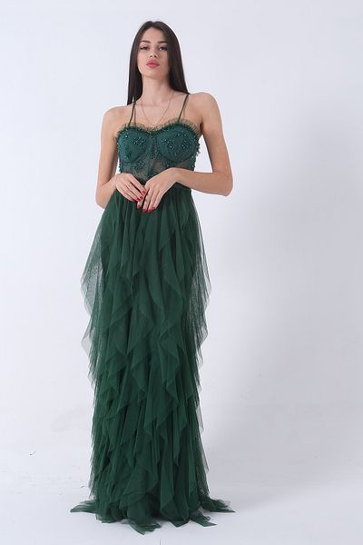 Feminist Transparent Jewelled Skirt Frilly Evening Dress Emerald9705034