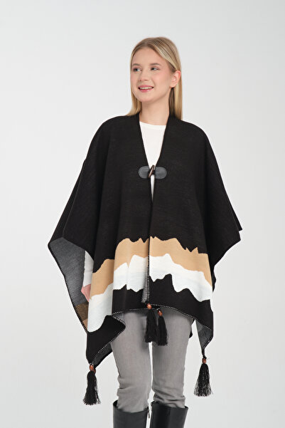 Wega Moda Stylish Knitwear Poncho - Wave Print, Fisherman's Stitching and Button Detail, Outerwear Poncho