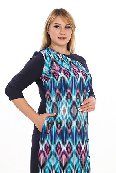 etselements Evening Dress with Print Crew Neck and Button Detail - 7071