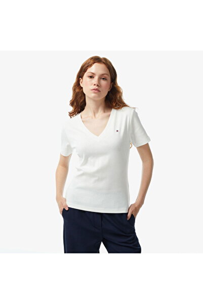 Tommy Hilfiger Kadın Slim Fit V Yaka Kısa Kollu Beyaz T-Shirt WW0WW40584-YBL