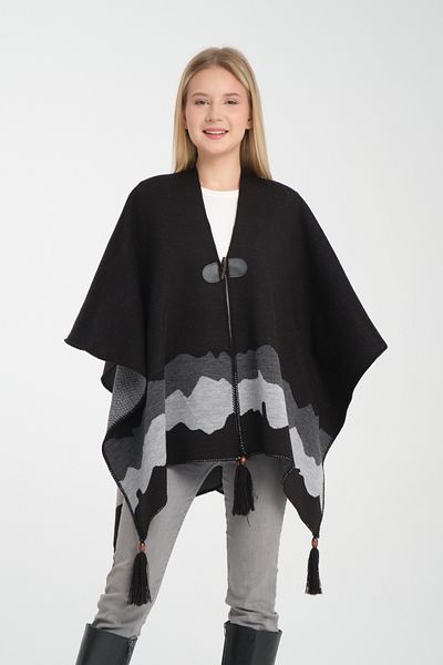 Wega Moda Stylish Knitwear Poncho - Wave Print, Fisherman's Stitching and Button Detail, Outerwear Poncho
