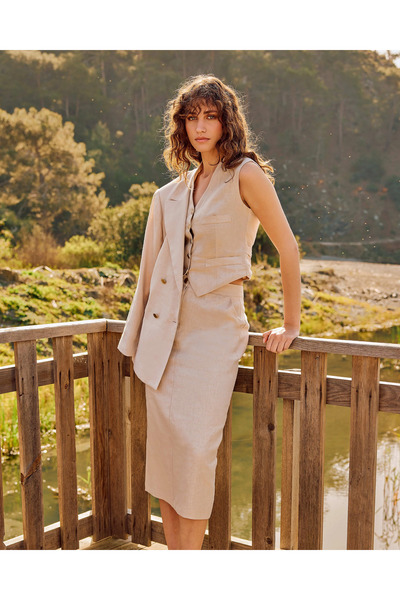 SEÇİL Cepli Midi Boy Keten Etek