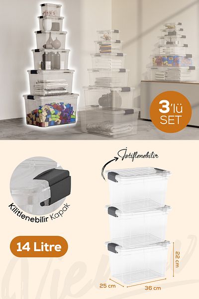 Vienev 3-Piece 14-Liter Storage and Supply Box with Lock Lid 33124