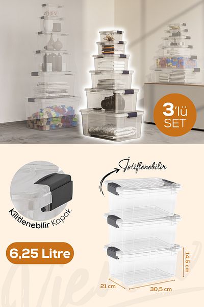 Vienev 3-Piece 6.25-Liter Storage and Storage Box with Lock Lid 33113