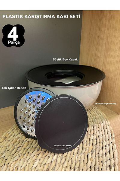 Bayev 4 Pieces Plastic Bowl Set with Lid and Grater Mixing