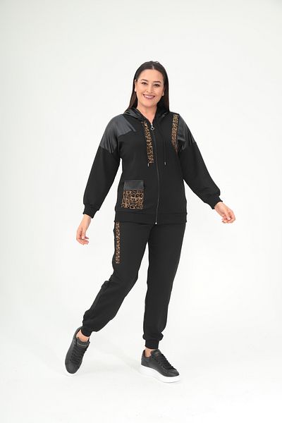 Şans Women's Plus Size Black Front Zippered Leather and Stone Detailed Hooded Tracksuit Suit 65N38694