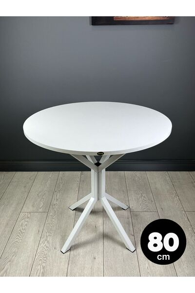 hey Saray Beyaz Yuvarlak Mutfak Yemek Masası Balkon Masası Metal Beyaz Ayak 80 Cm