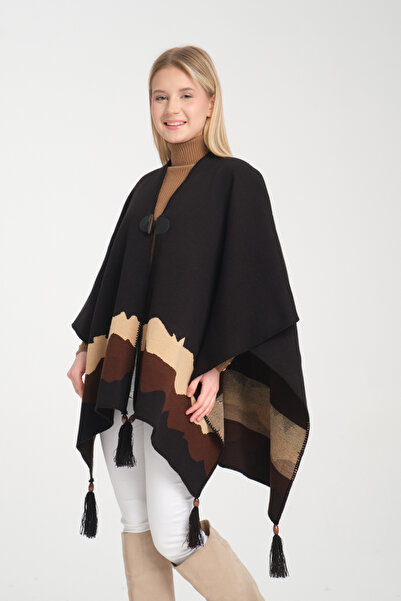 Wega Moda Stylish Knitwear Poncho - Wave Print, Fisherman's Stitching and Button Detail, Outerwear Poncho