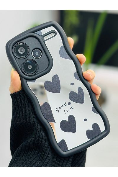 Go Aksesuar جراب سيليكون بتصميم قلب أسود عاكس متوافق مع هاتف Xiaomi Redmi Note 13 Pro Plus 5G