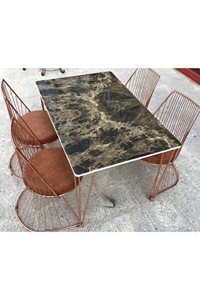 Ankara Mobilya Masa Tel Sandalye 12478 Tk Metal Rose Renk Kaplama Siyah Mermer Renk Tabla Elyapı