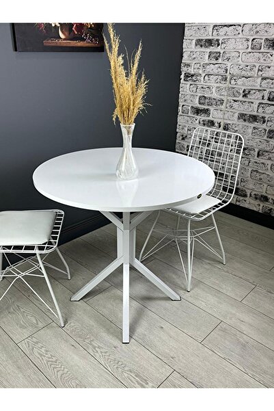 hey Saray Beyaz Yuvarlak Mutfak Yemek Masası Balkon Masası Metal Beyaz Ayak 80 Cm