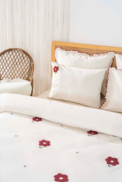 Rivaİstanbul Florita Cherry Double 100% Cotton Embroidered Duvet Cover Set & Dowry Set