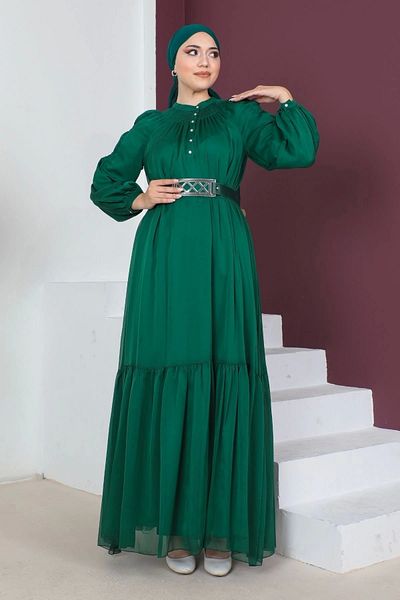 PHELDA Comfortable Form Belted Hijab Evening Dress 746-emerald Green