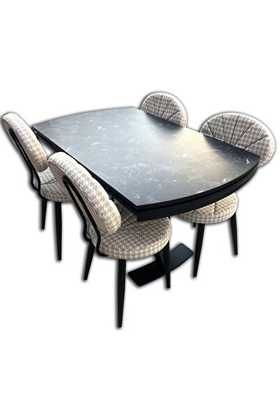 BENGİ TİCARET Sandalye -masa 18108 Midye Model Mermer Desen Metal Siyah Ayk Örgü Kumaş Döşeme