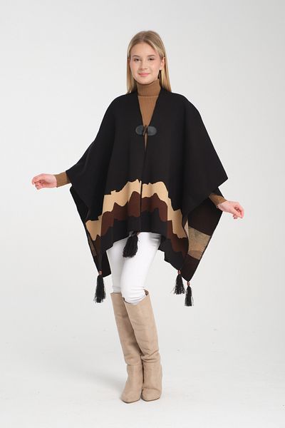 Wega Moda Stylish Knitwear Poncho - Wave Print, Fisherman's Stitching and Button Detail, Outerwear Poncho
