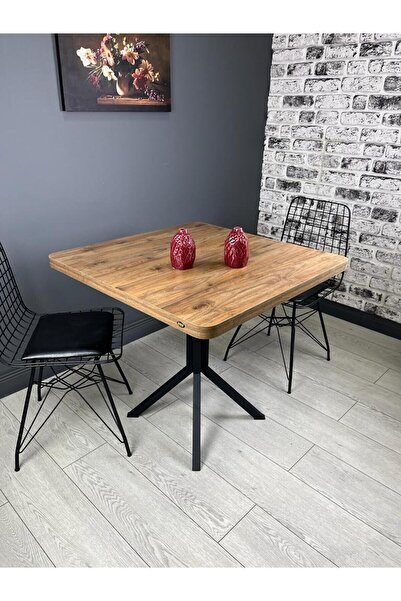 hey Roma Ceviz Mutfak Yemek Masası Balkon Masası Metal Siyah Ayak 80 Cm
