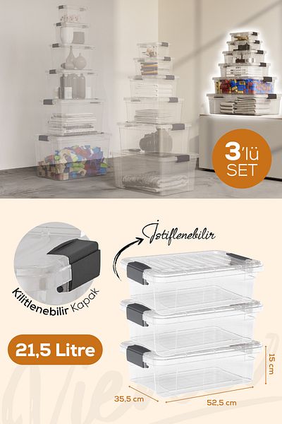 Vienev 3-Piece 21.5 Liter Storage and Supply Box with Lock Lid 33106