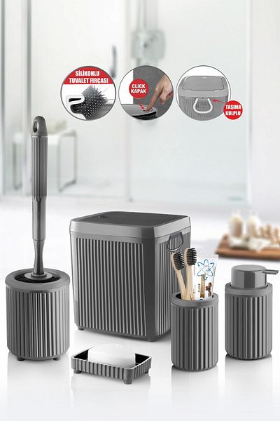 Eminem 5 Piece Luxury Bathroom Set - Decorative Round Practical Lid Dustbin Toothbrush Holder Soap Dispenser Brush Set
