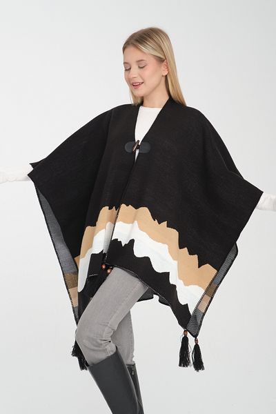 Wega Moda Stylish Knitwear Poncho - Wave Print, Fisherman's Stitching and Button Detail, Outerwear Poncho