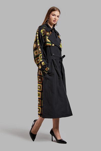 its basic Women's Black Color Ethnic Patterned Long Belted Designtrench Coat